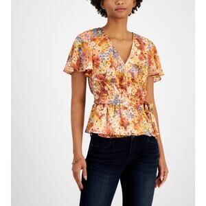 Guess Women's Floral Short Sleeve Peplum Waist Ferra Wrap Top Size XL